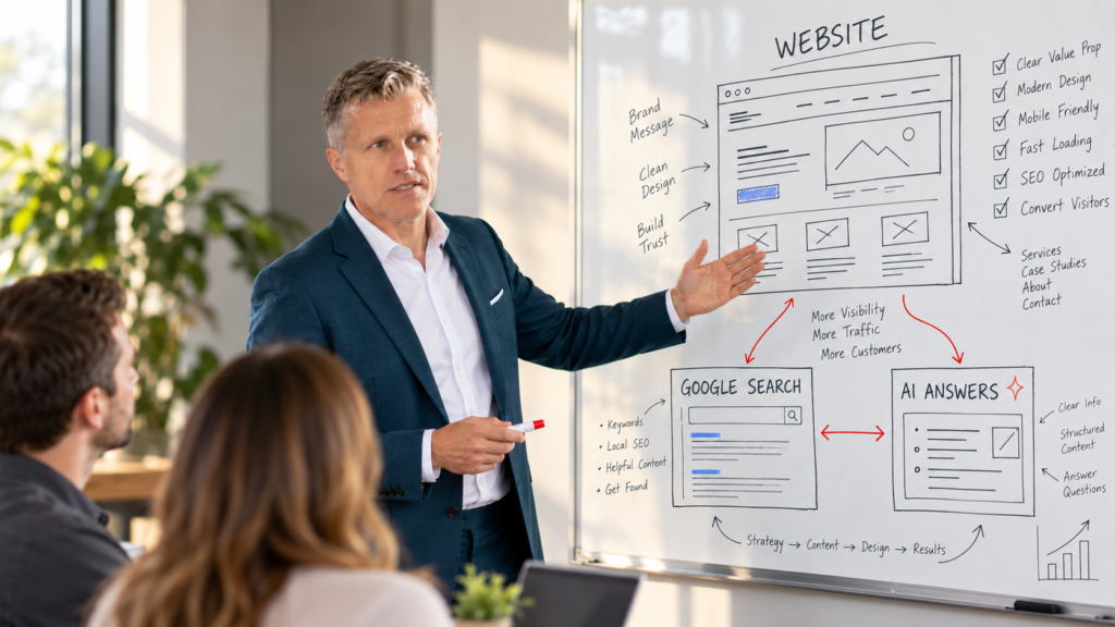 Jim Slaton presenting a website wireframe comparing Google search and AI answers to two listeners