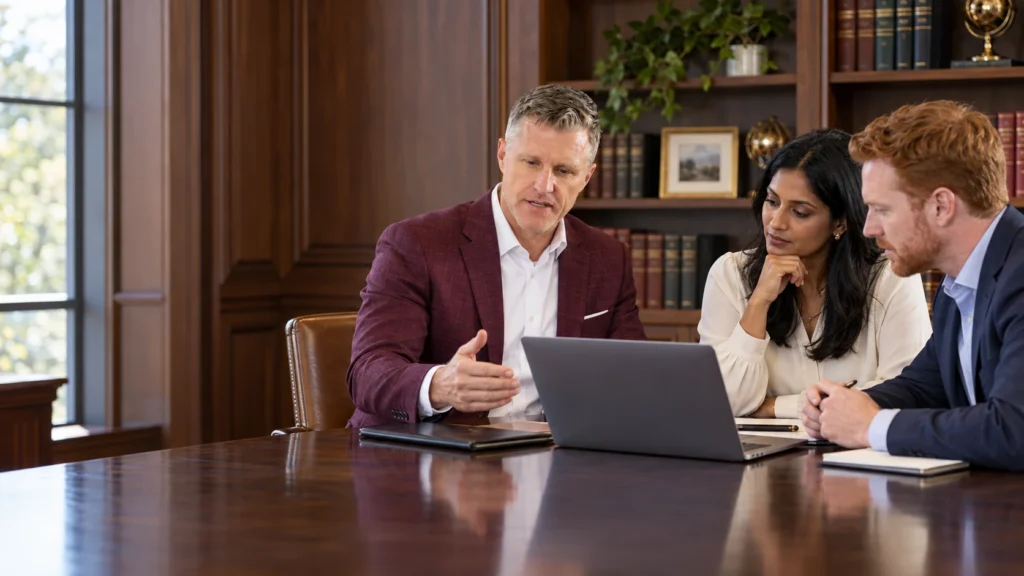 Illustration of Jim Slaton reviewing a laptop with business owners in a burgundy suit.