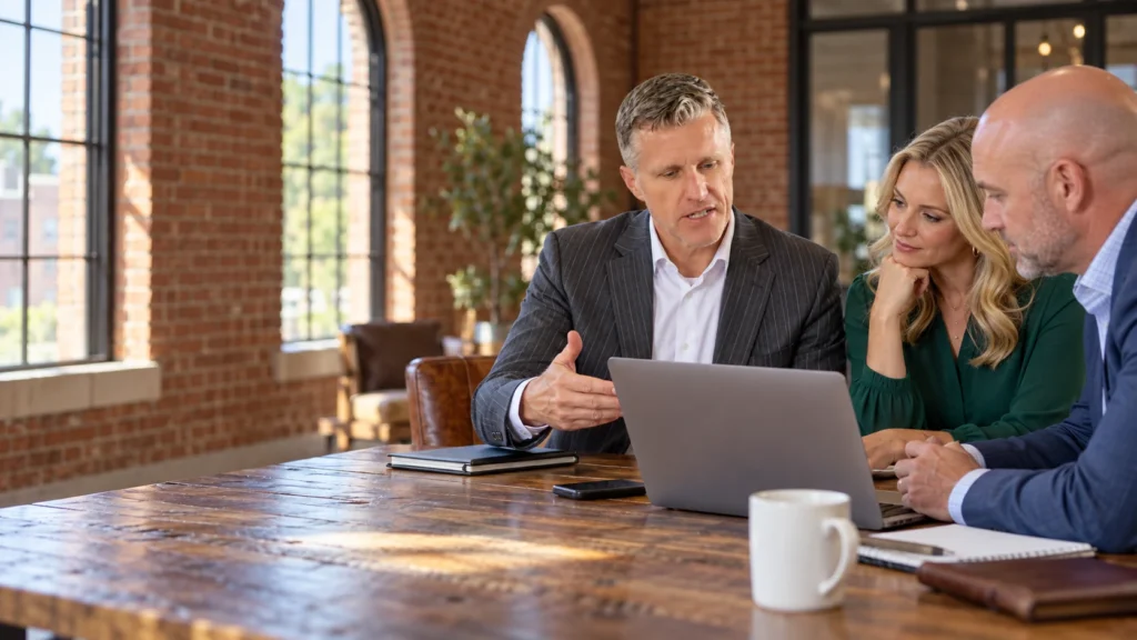 Illustration of Jim Slaton reviewing a laptop with business owners in a charcoal suit.